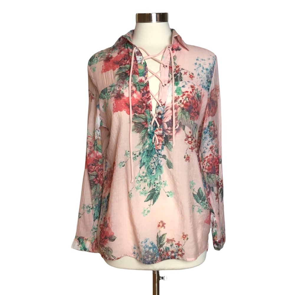 BD Collection Pink Floral Lace Up Front Top